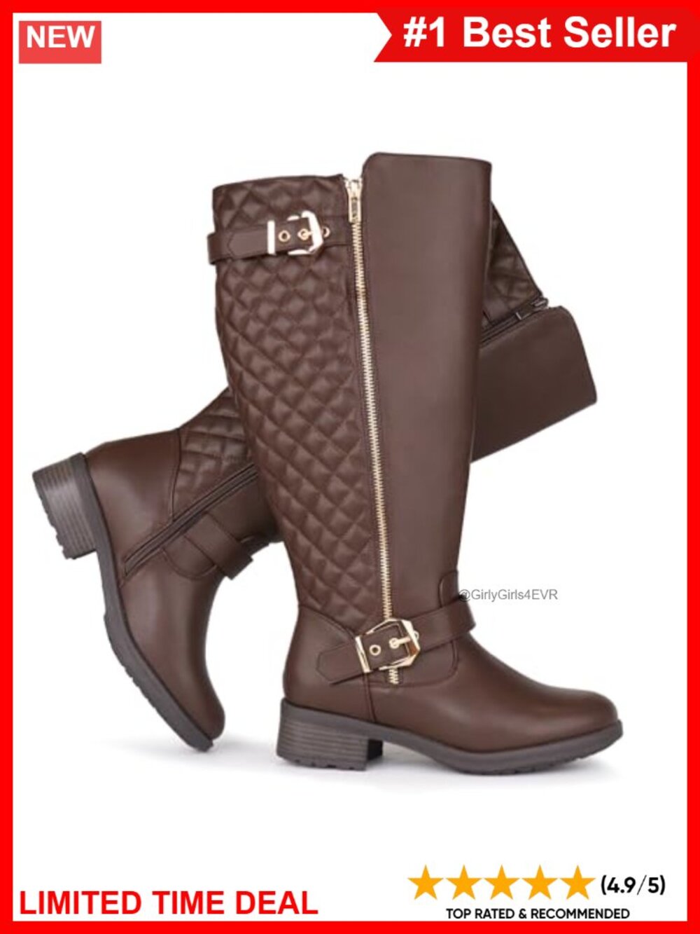 Extra Wide Calf Knee High Riding Boots Double Buckle Block Heel Side Zip